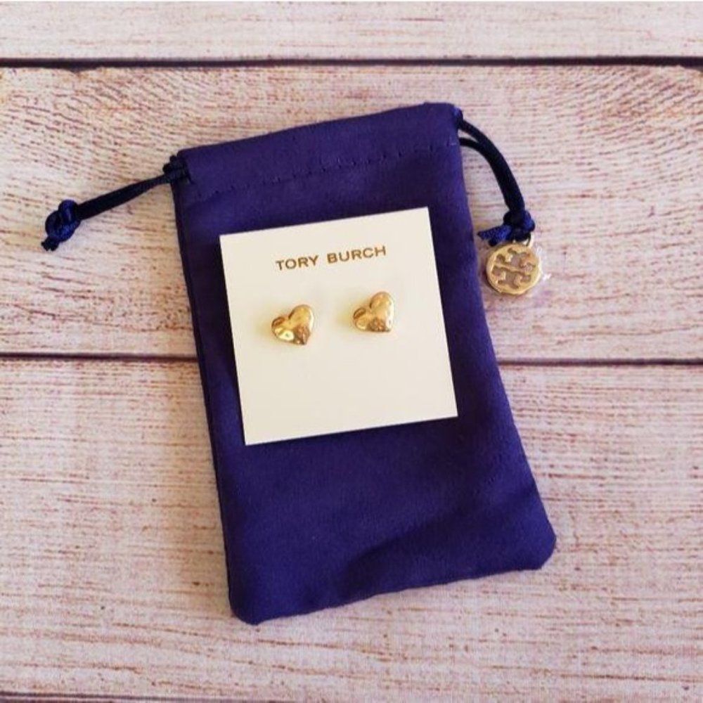 Tory Burch Heart Logo Stud Gold Tone Earrings - Picture 2 of 8